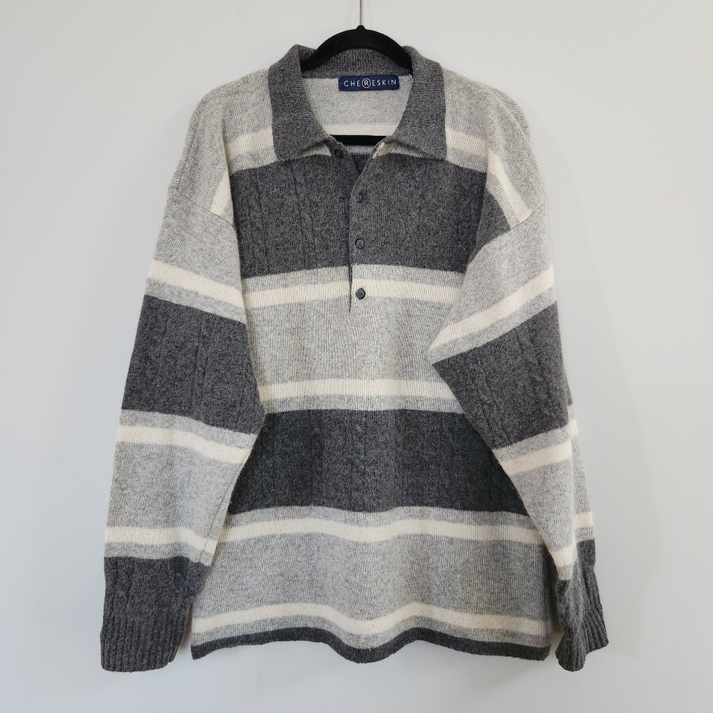 Vintage Ron Chereskin Lamswool Angora Rabbit Hair Men's Gray Striped Sweater